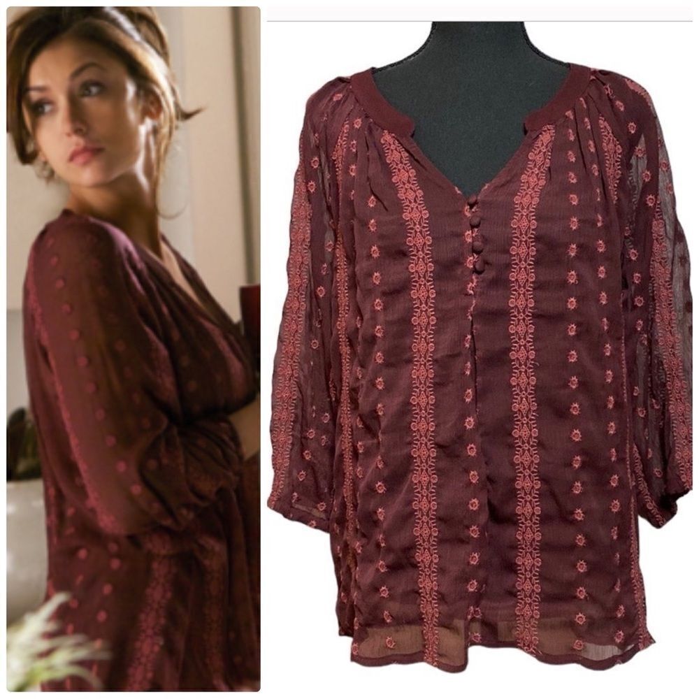 OLIVE & OAK Burgundy Embroidered Sheer Blouse